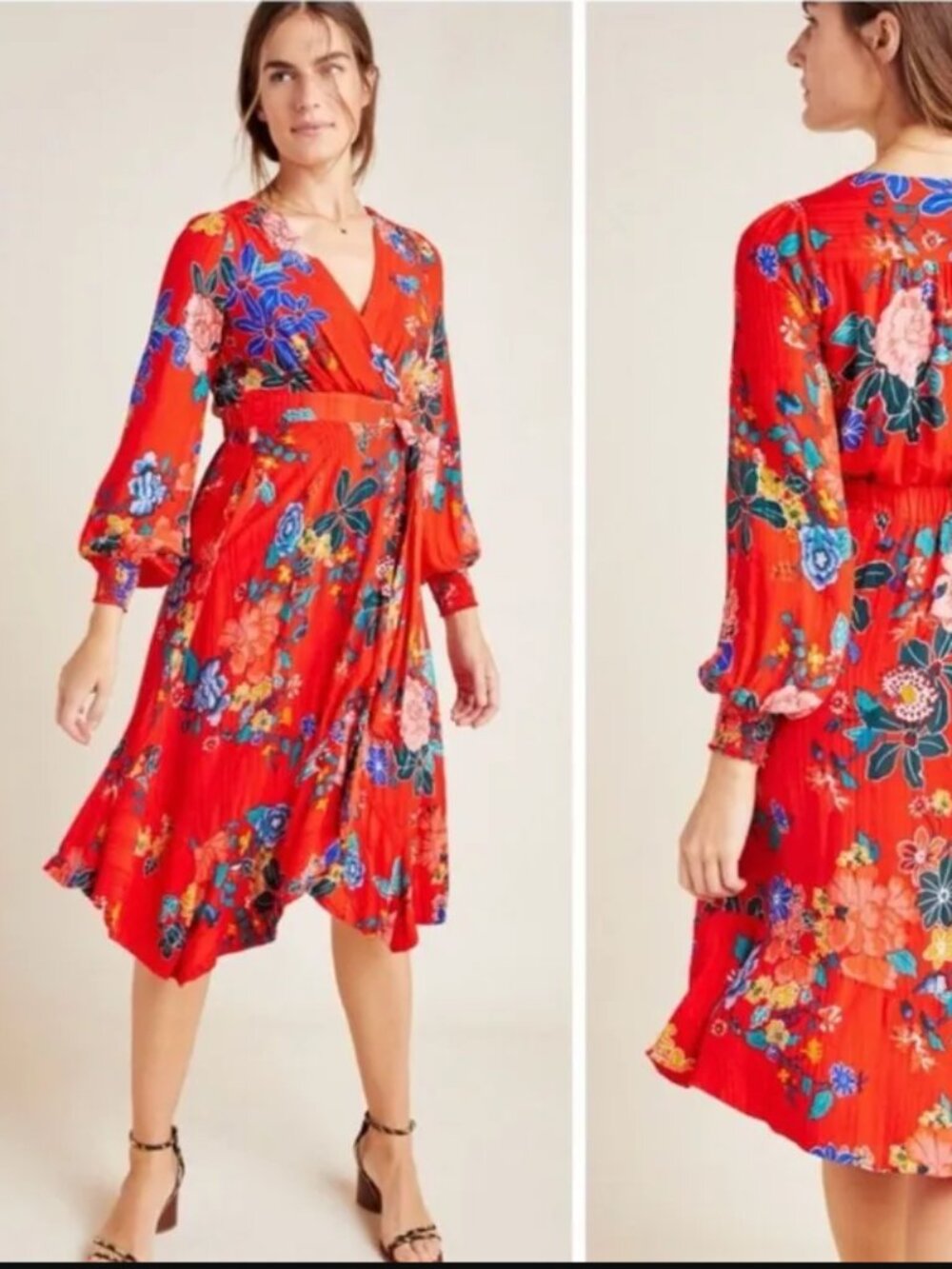 Anthropologie Boswell Wrap Midi Dress Red Floral - Sz 2 EUC